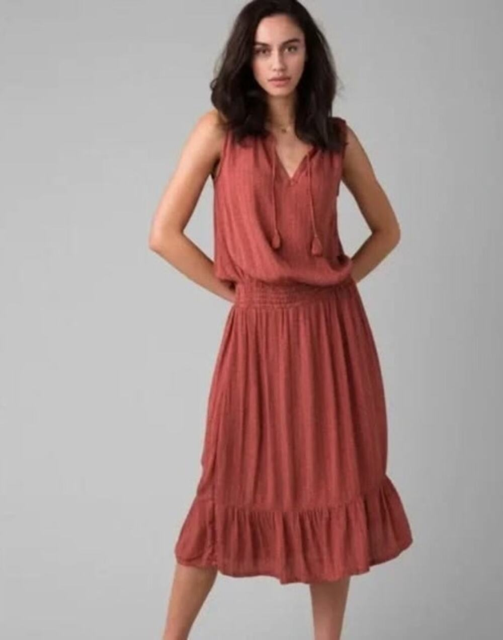 PrAna Sentinel Flowing Orange Boho Print Smocked Waist Sleeveless Midi Dress